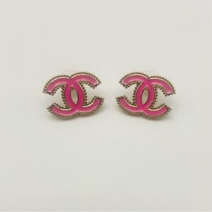 CHANEL Pink Enamel CC Logo Stud Earrings